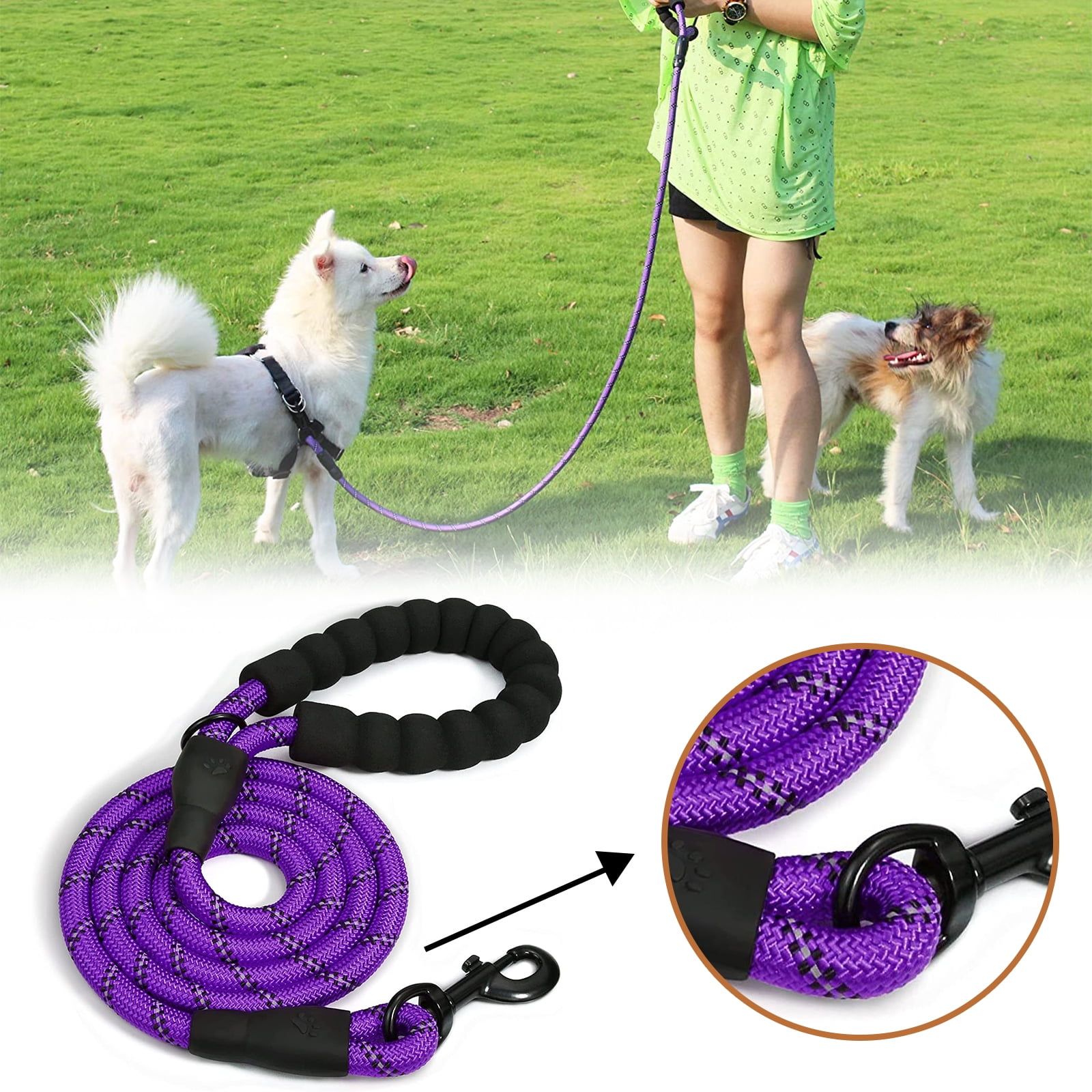 Purple Dog Leash with Comfortable Padded Handle and Highly Reflective
