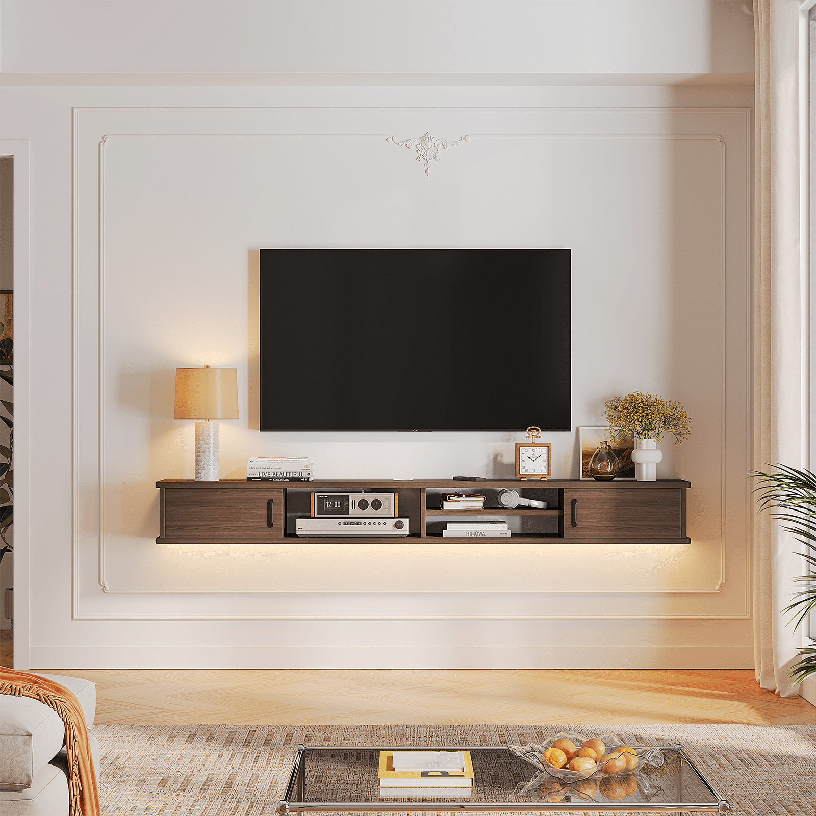 FloatiCasa 66-inch Floating TV Stand Wall Mounted Floating Media Console for TVs up to 70 inches Floating Entertainment Center(Walnut)