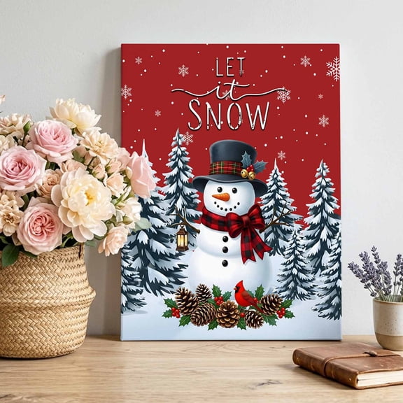 Canvas Wall Art, Red Snowman Christmas Framed Canvas Prints for Living Room Bedroom, Xmas Pinecone Tree Snowflake Gallery Wrapped Wall Decor for Home Office, Gifts, 12"x16" Ship Next Day
