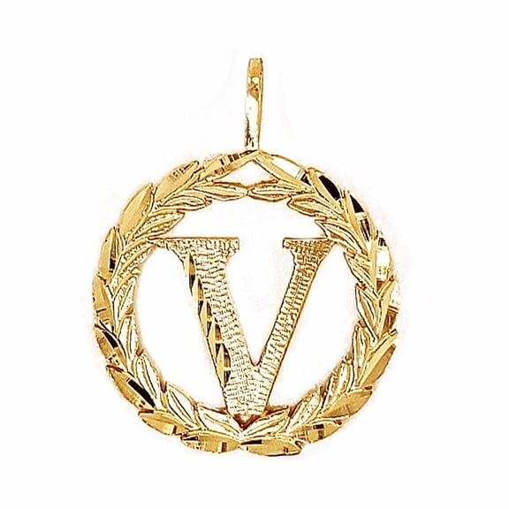 Precious Stars 14K Yellow Gold Round Wreath Unisex Initial Letter 'V' Pendant - No Chain, Pendant Only