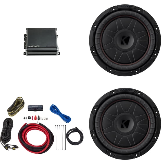 Kicker 10 Inch CVT Thin Woofer Includes Two 52CVT104 Package with 46CXA8001 Amplifier and wire kit