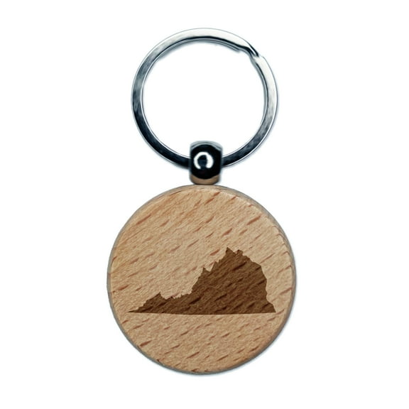 Virginia State Silhouette Round Keychain Charm Tag - Engraved Wood