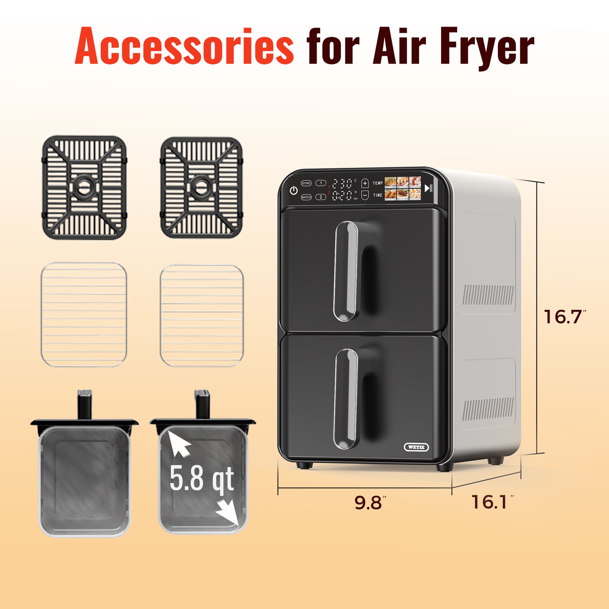 11.6 QT 2-Baskets Air Fryer, 6-in-1 Presets & Digital Touchscreen, Sync & Match, Dishwasher Safe & Space Saving