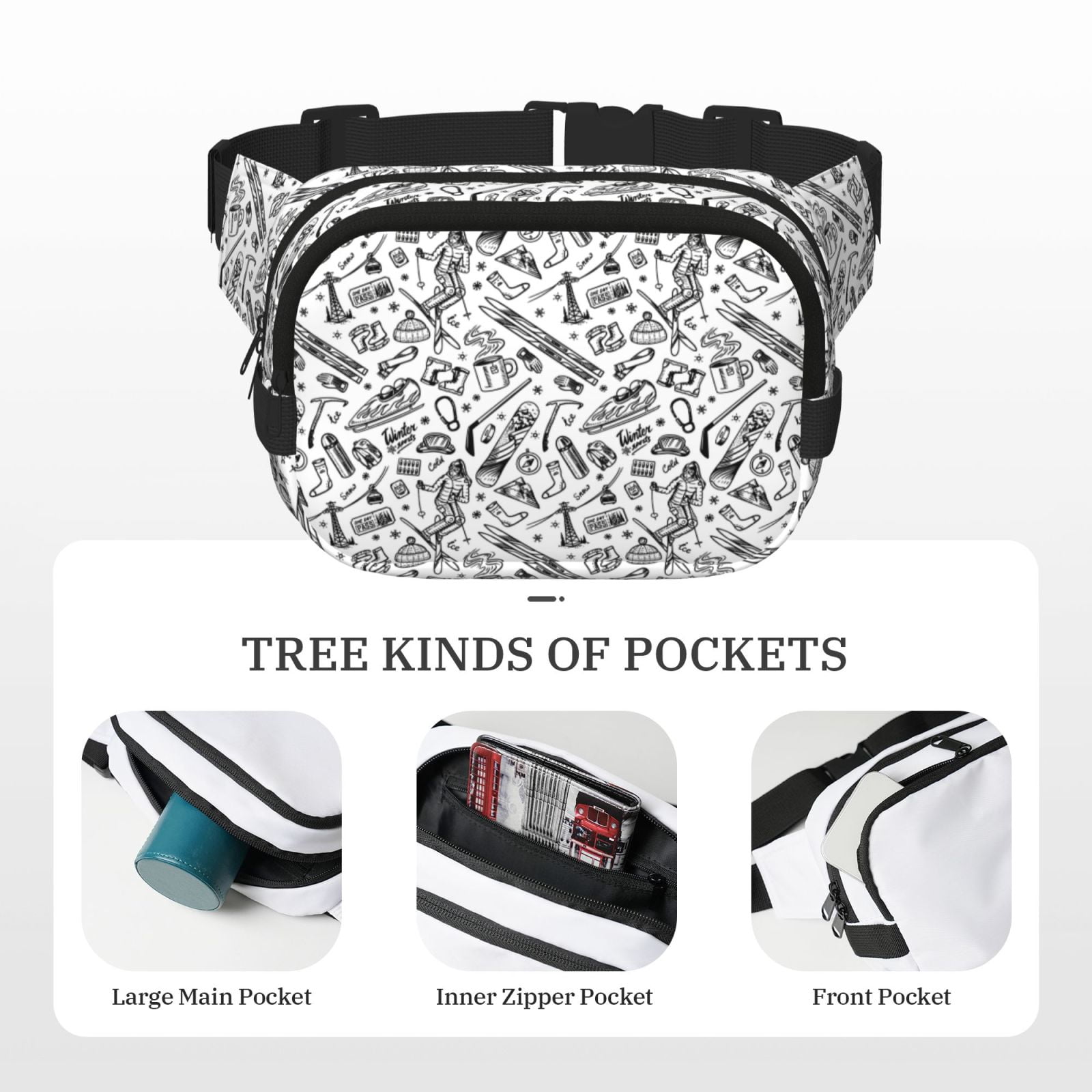 Picia winter Ski Element Print Square Double-Layer Waist Bag Mini Adjustable Waist Belt Bag Exercise Running Travel Hiking
