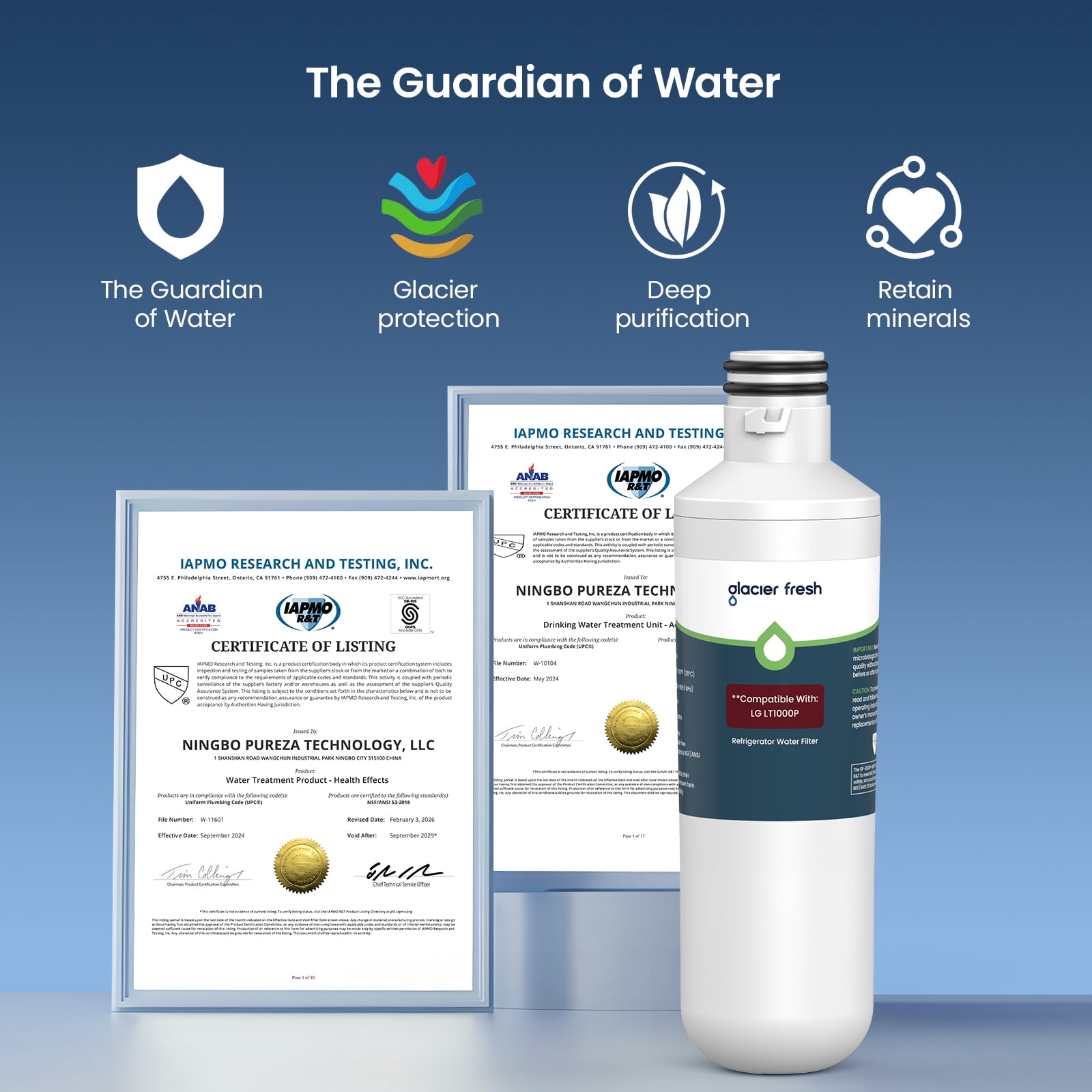 GLACIER FRESH LT1000PC Refrigerator Water Filter, NSF/ANSI 53 & 372 Certified, Compatible with MDJ64844601, ADQ747935, ADQ74793504, LG LT1000P, 4 Pack
