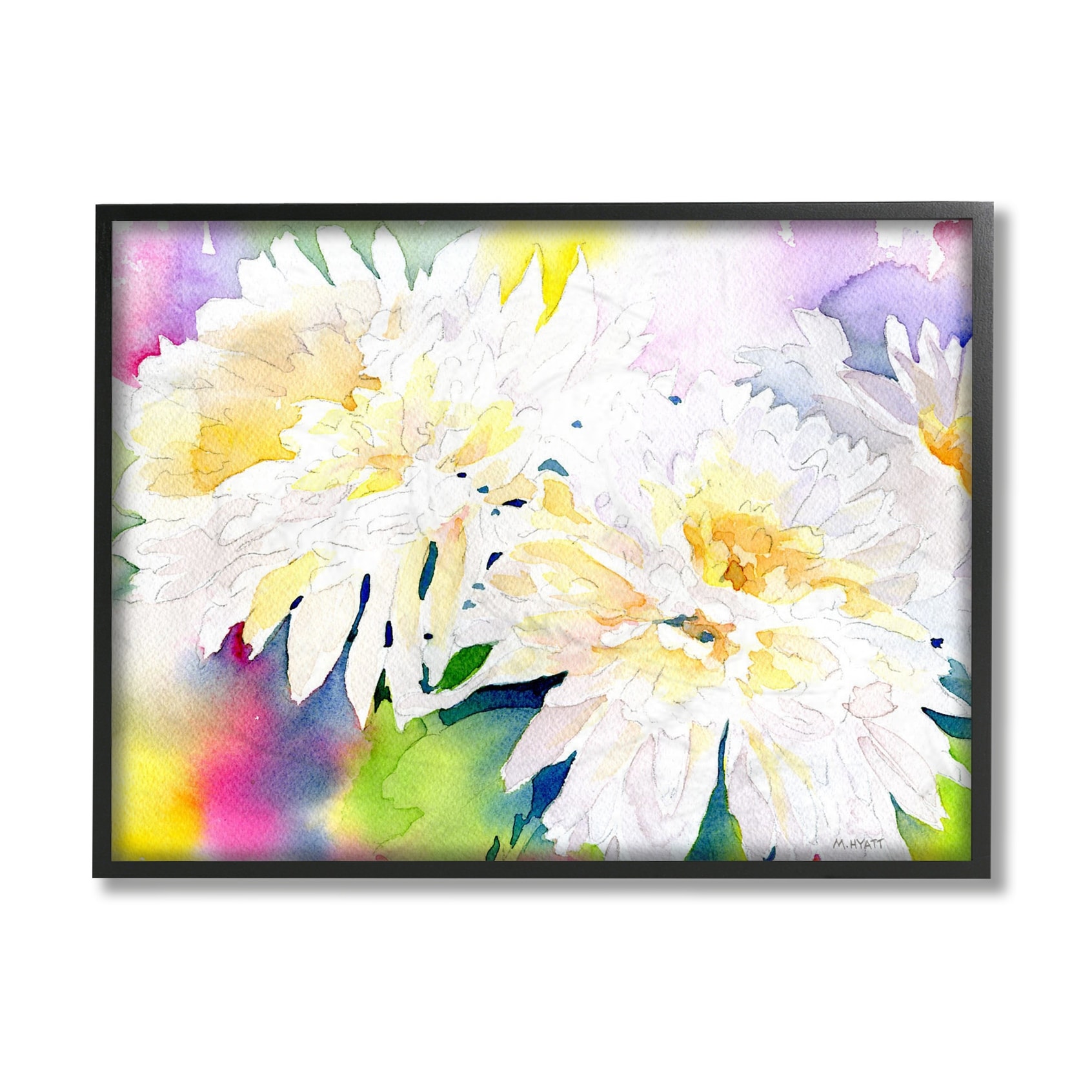 Stupell Industries White Mum Florals over Rainbow Watercolor Grey Framed, 16 x 20, Design by Melissa Hyatt LLC