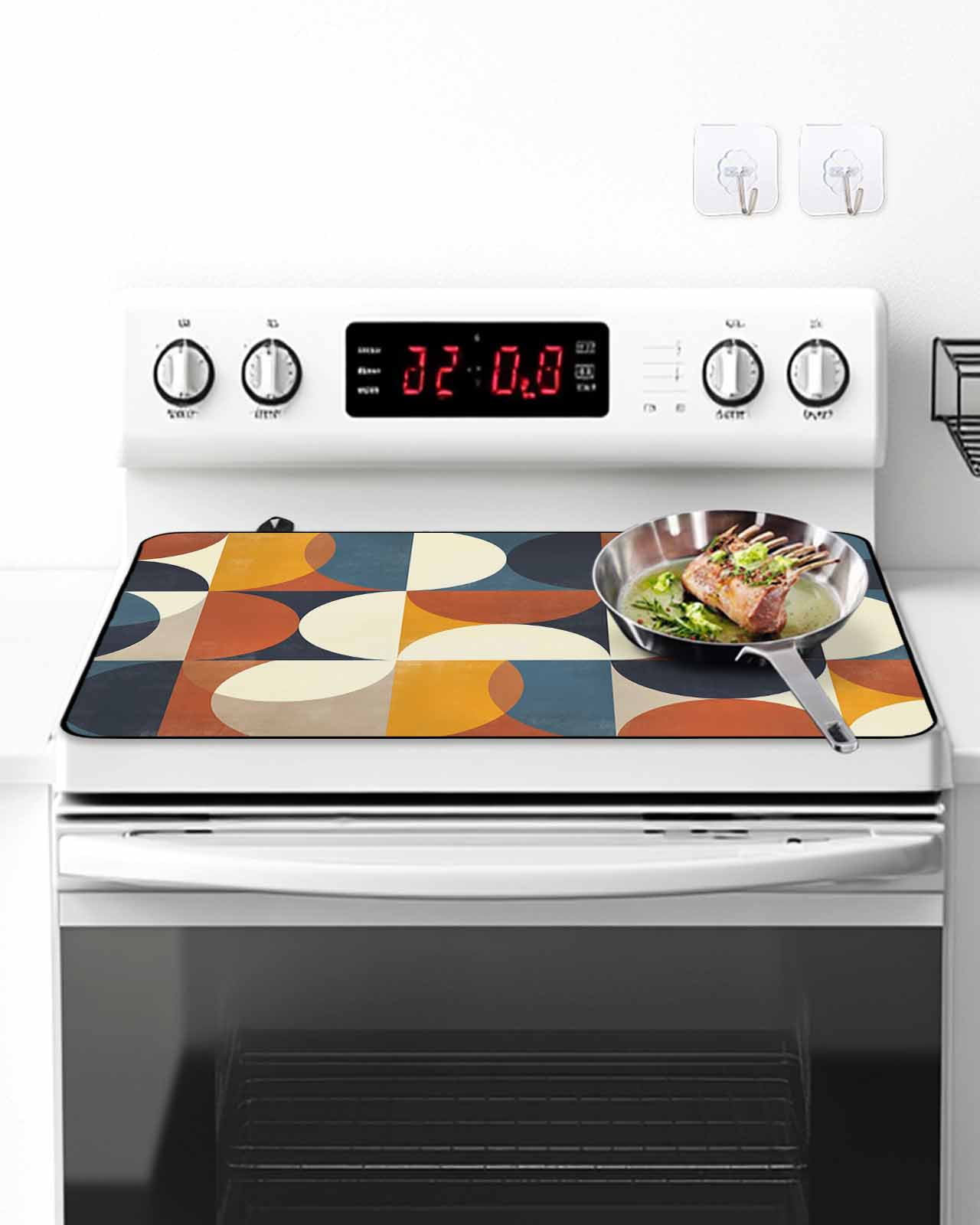 Stove Top Covers for Electric Stove, Navy Blue Beige Glass Stovetop Cover Protector, Middle Century Modern Geometric Abstract Art Induction Cooktop Protector Oven Mat for Kitchen Countertop 24"x21"