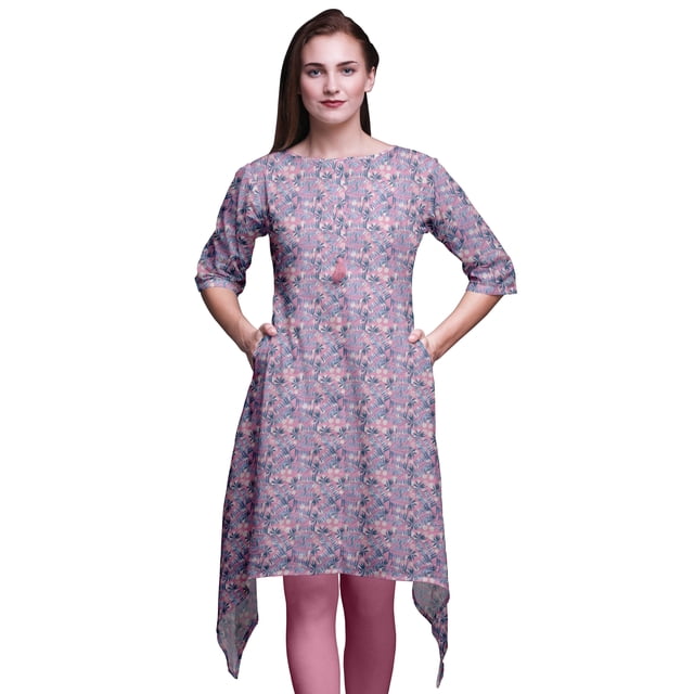 Bimba Feuilles de Pacanes Roses Femmes Kurtas Ethniques Imprimées Asymétriques Hauts d'Été pour Femmes XX-Grand