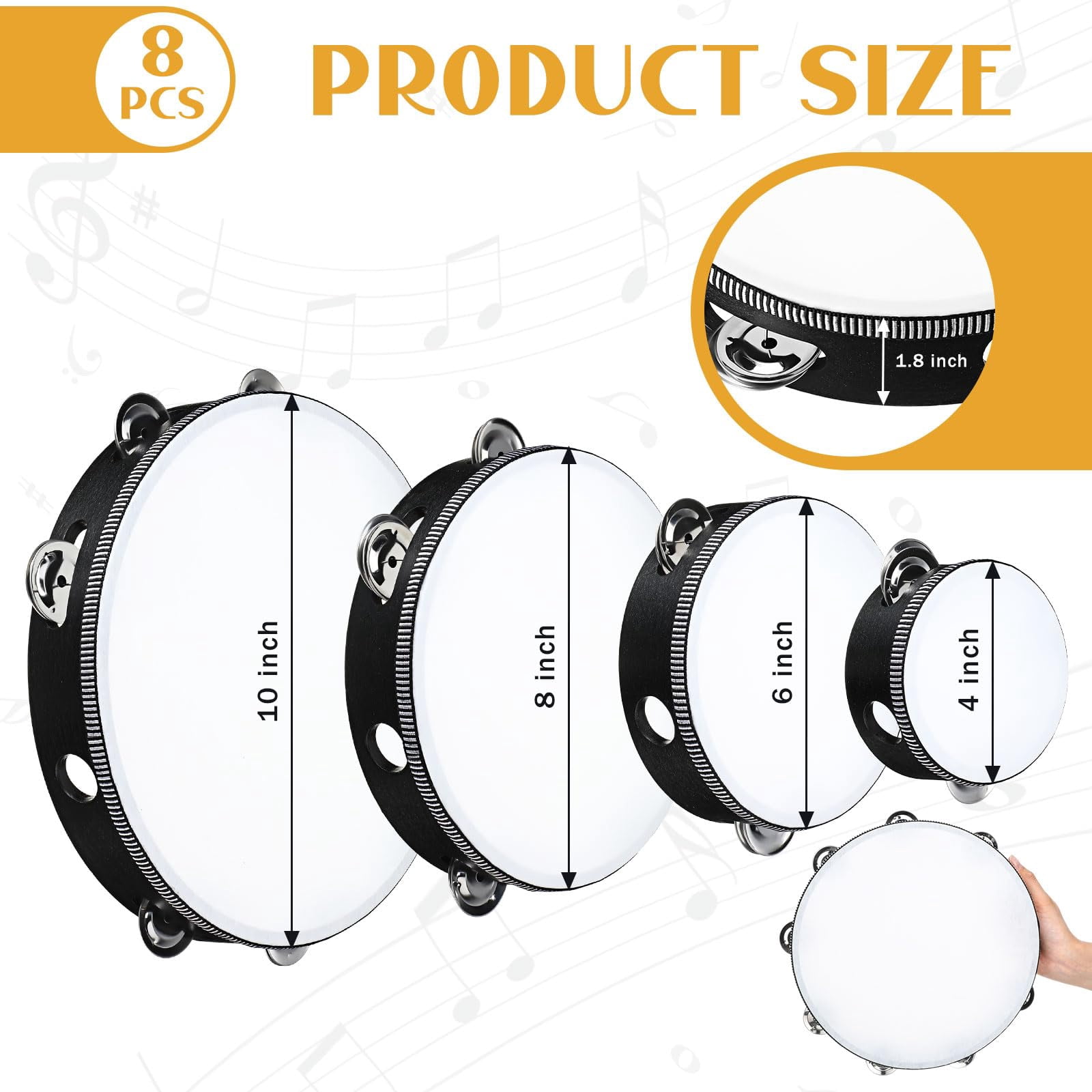 8 Pcs Tambourine For Adults Handheld Wood 4 Size Single Row Metal Jingles Musical Educational Gift Rhythm Percussion Instrument Church Party Ktv(black)