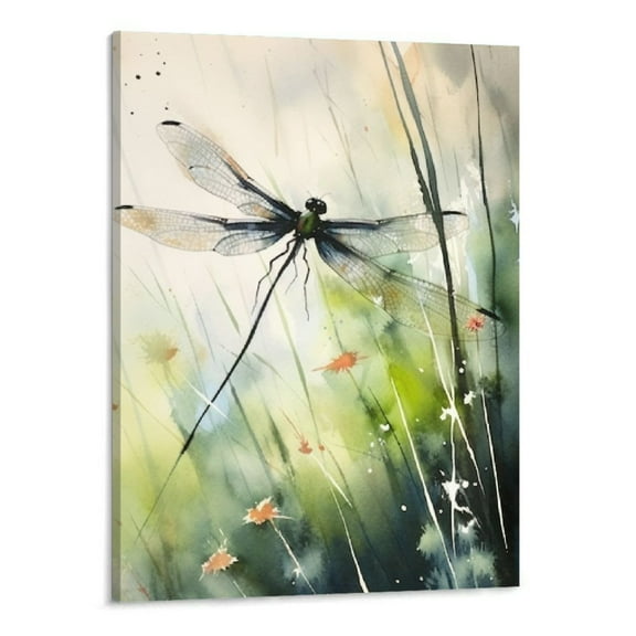 JRXY Dragonfly Canvas Painting Watercolor Artwork Botanical Insect Wall Art Green Dragonfly Poster Vintage Prints 16x24inch 16x20in