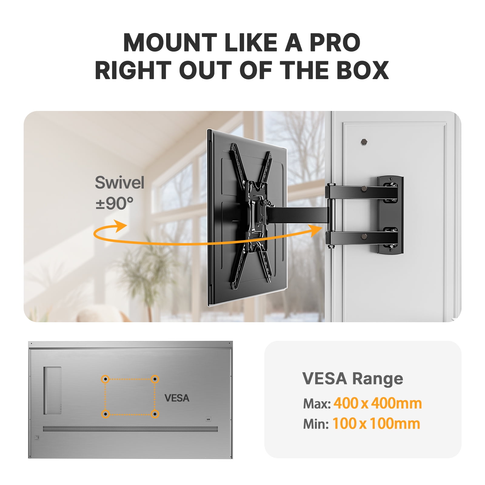MountFTV Full Motion TV Wall Mount for 40  90 Inch Flat Curved TVs, Up to 132 lbs, 12"/16" Wood Studs, TV Stand with Tool-Free Tilt, Swivel, Extension,600 x 400mm
