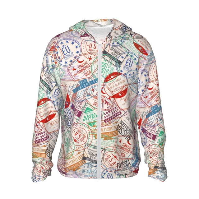 Fotbe Passport Stamp Chaqueta con Protección Solar UPF 50+ para Hombre y Mujer, Camisa con Capucha y Bolsillos-Large
