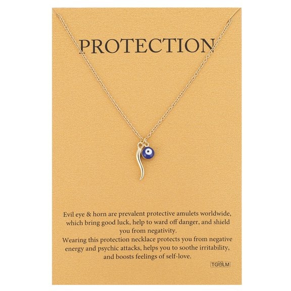 Dainty Blue Evil Eye Charm Horn Pendant Necklace for Women's Spiritual Protection Jewelry 14K Gold Plated