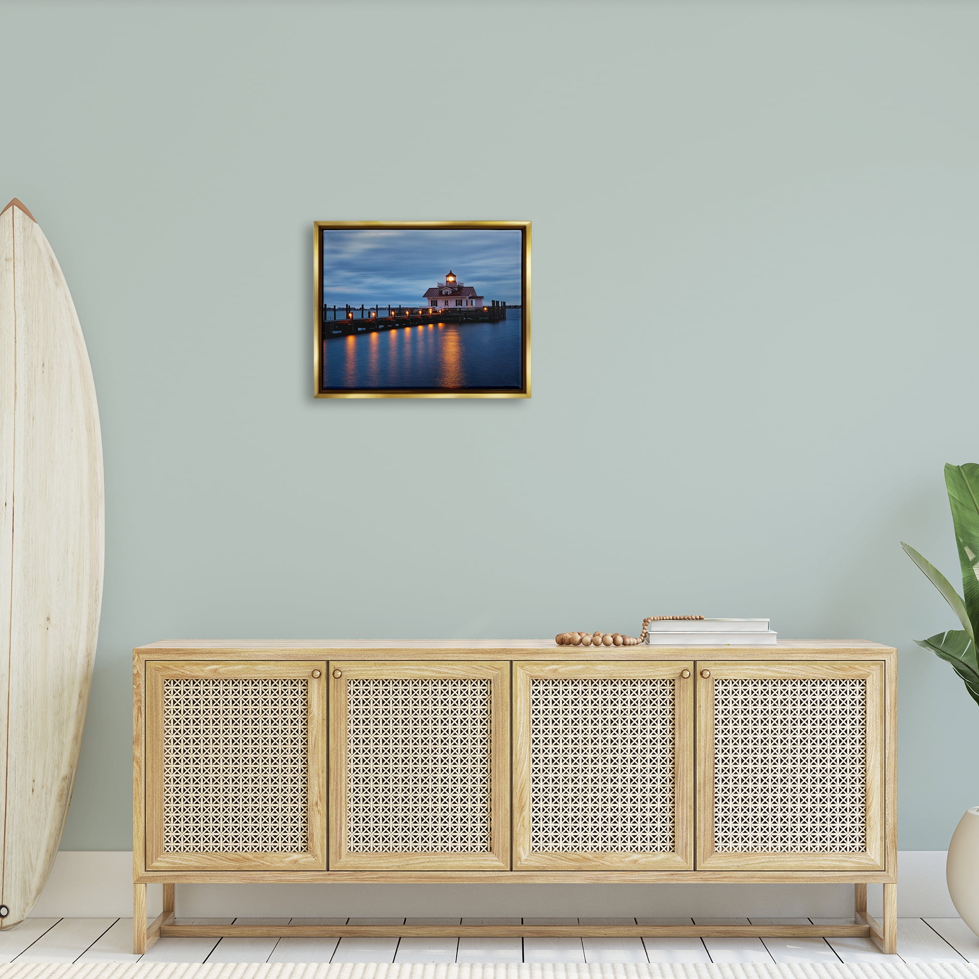 Stupell Calm Nighttime Bridge Coastal Lights Landscape Photography Gold Floater Framed Art Print Wall Art