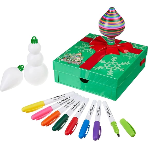 The Treemendous Ornament Decorator The Gift Box Ornament Decorator - DIY Ornament Decorating Arts and Crafts Kit - Includes Gift Box Spinner, 3 Unique Ornaments and 8 Colorful Quick Drying Markers