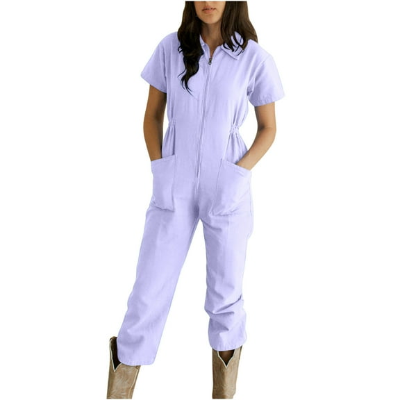 Rciityk Rompers for Women Summer Short Sleeve Turndown Jumpsuit Casual Soild Color Pleated Waist Zip-Up Overalls Jumpsuit with Pockets