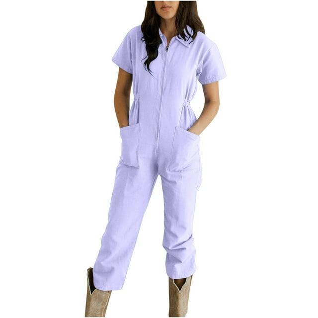 LSLJS Combinaison Pantalon à Revers Zippée à Taille Plissée Unie Décontractée pour Femme