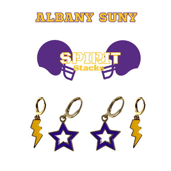 University at Albany SUNY Spirit Stack golden yellow mini enamel bolts and purple statement open starboys