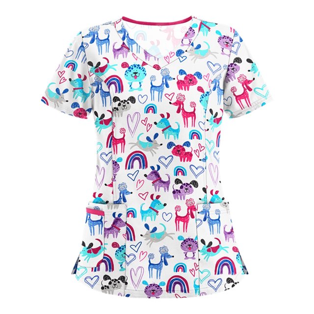 LSLJS Blouse à Manches Courtes à Col en V pour Femmes, Blouse d'Uniforme de Travail Imprimée, Sarraus pour Femmes Grande Taille