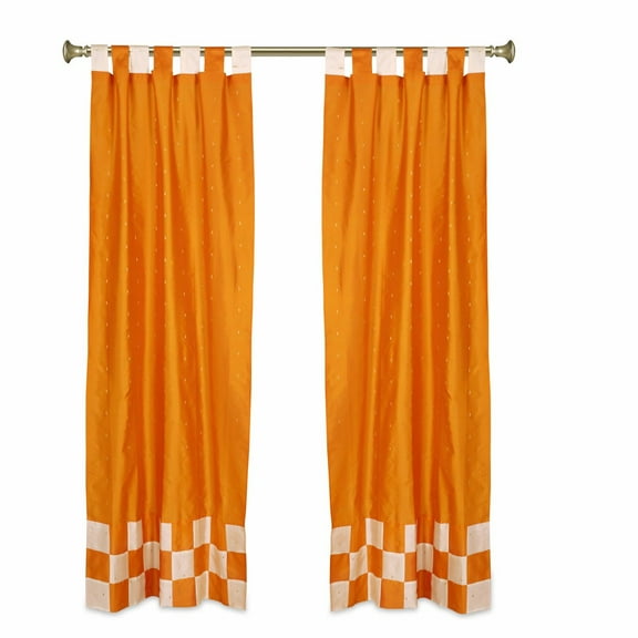 2 Eclectic Orange Indian Check Sari Curtains Tab Top drapes-36Wx96L