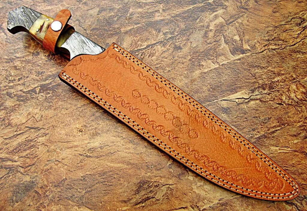 RG-213 Handmade Damascus Steel 15 Inches Bowie Knife - Beautiful Lamb Horn Handle with Damascus Steel Bolsters