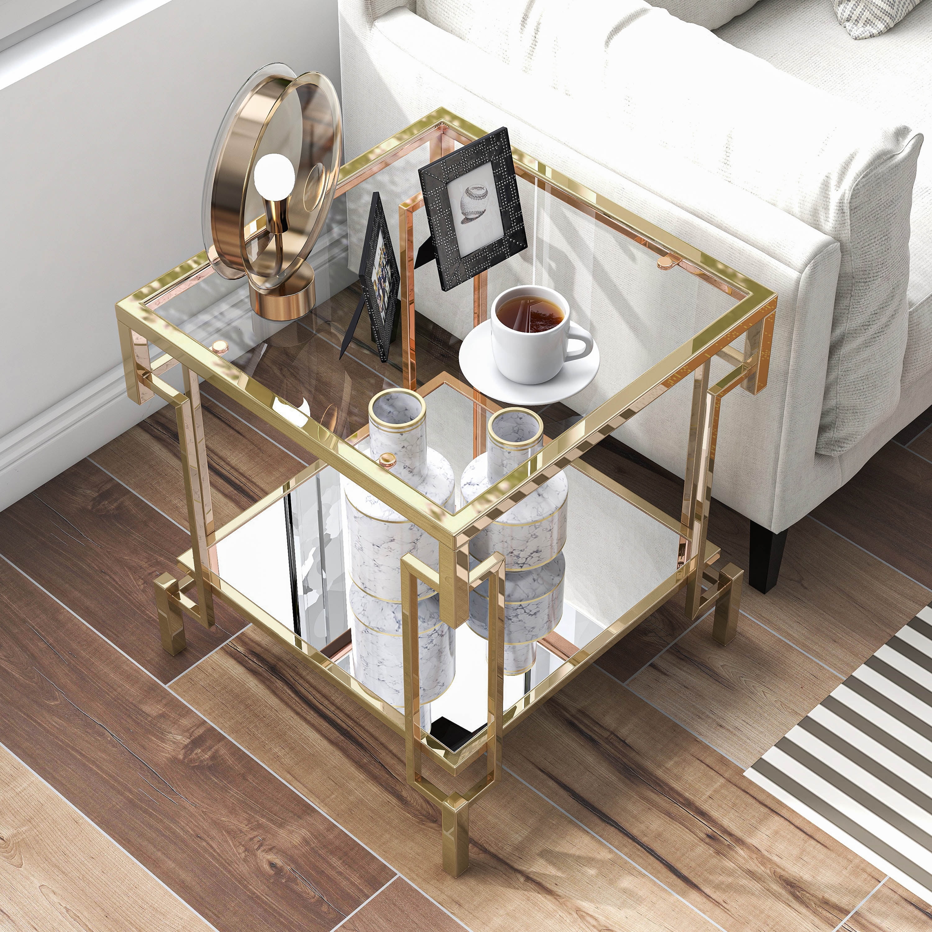 Furniture of America Triste 1-Shelf Glass Top and Metal Champagne End Table