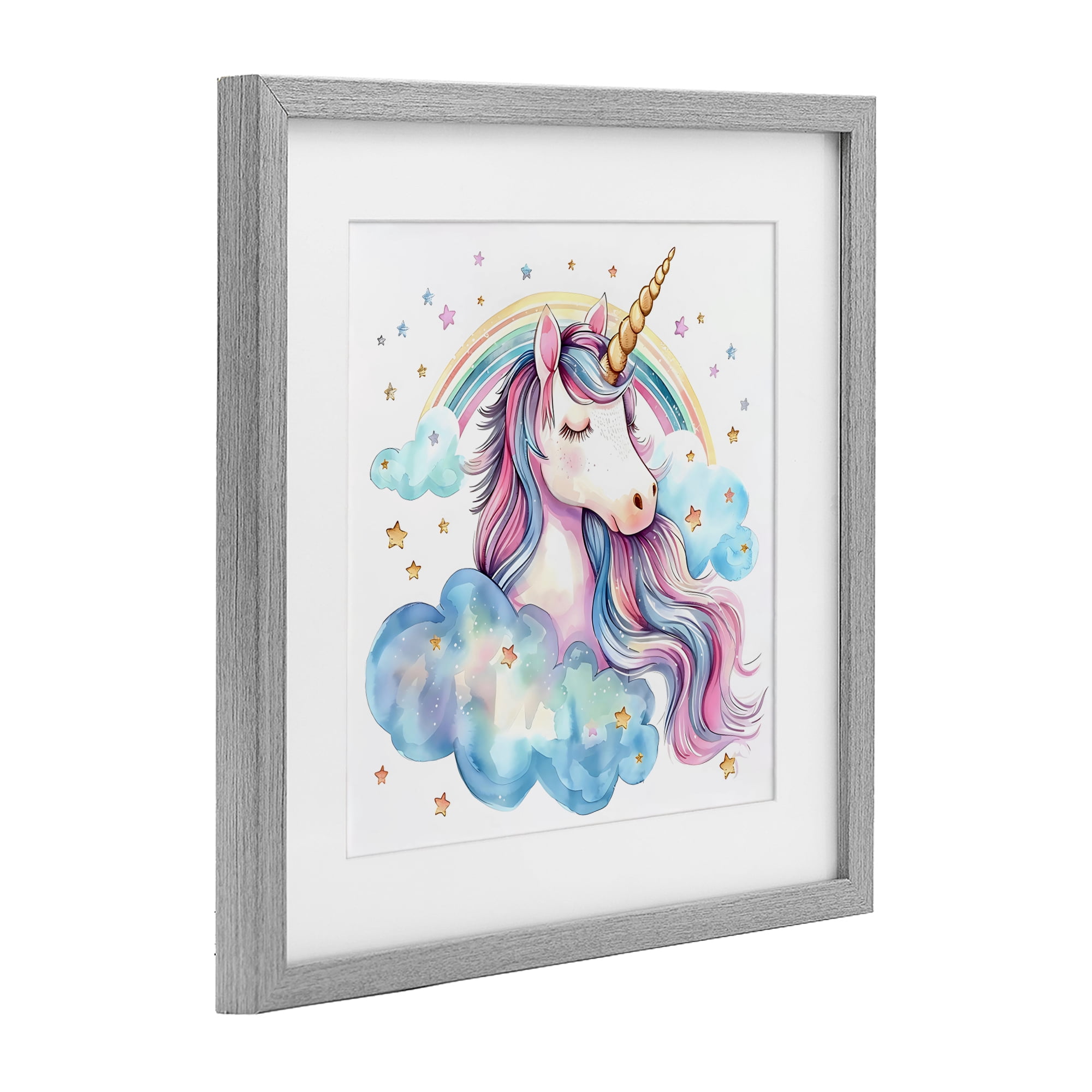 Stupell Industries Cute Happy Unicorn & Rainbow Gray Framed Print Under Glass, design by Creative Studio