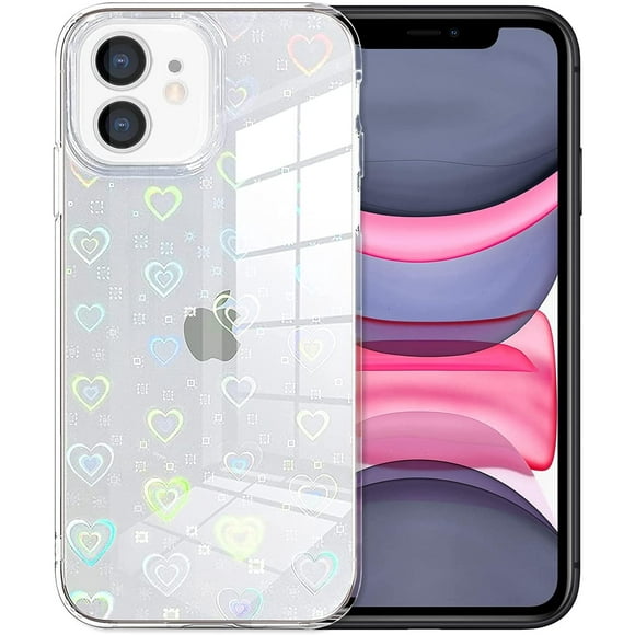 Compatible with iPhone 13 Pro Case, Jusy Love Clear Holographic Heart Phone Case for Women Kids, Aesthetic Glitter