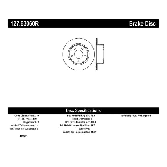 Centric Parts Disc Brake Rotor P/N:127.63060R Fits select: 2014-2015 CHRYSLER 300C, 2022 DODGE CHARGER