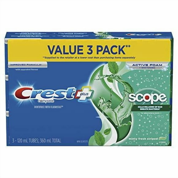 Dentifrice Crest blanchissant plus Scope, Menthe fraîcheur, 3 x 120 mL