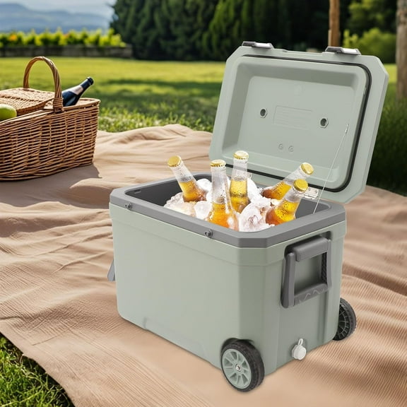 48Qt/45L Wheeled Cooler, Insulated Portable Cooler with Pull Rod Hard Shell Cooling Box with Handle Rolling Insulated Ice Bucket for Camping Beach Picnic Fishing