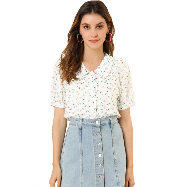 Blusa de manga abullonada dulce semi transparente con cuello abotonado floral para mujer blanco L