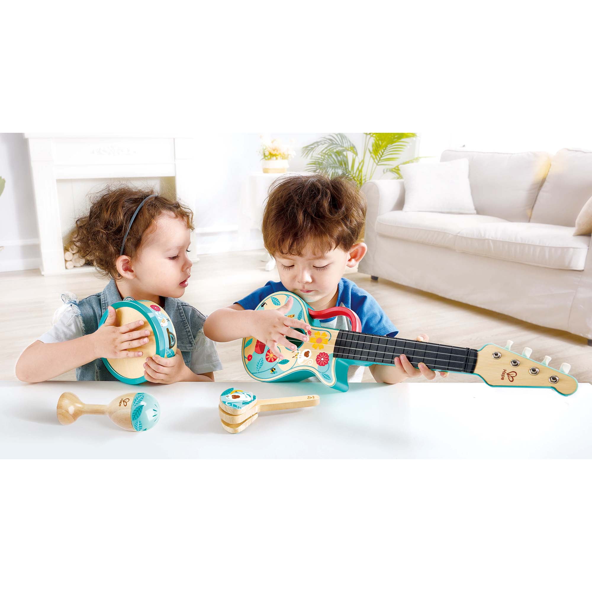 Hape: 4-In-1 Ukulele Set - 4pc Wooden Instrument Playset, Percussions Music Toys, Ukulele, Maraca, Castanet, Tambourine, Nature Design, Kids Ages 3+