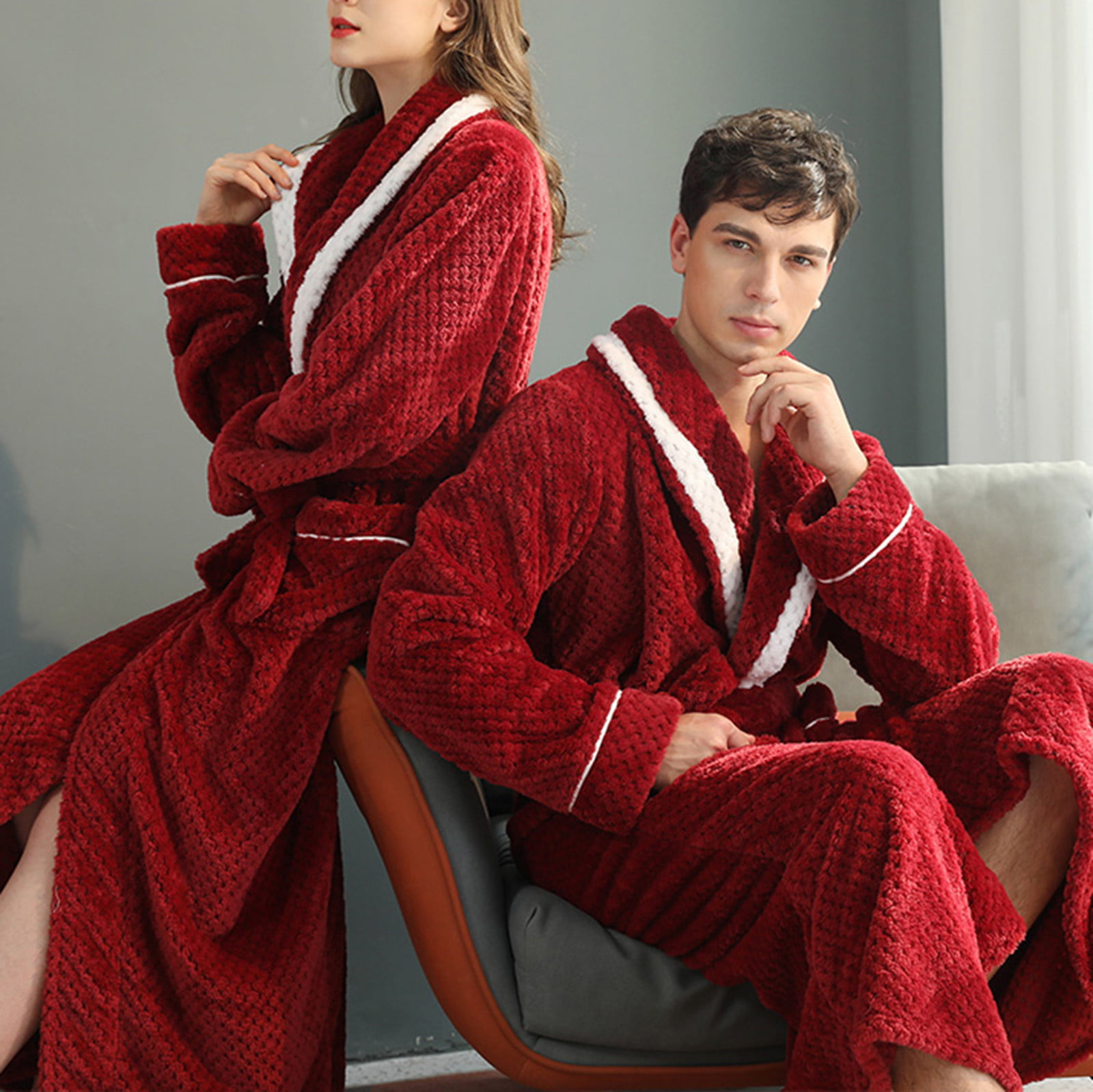 Women's Men's Soft & Cozy Fleece Dressing Gown Long Sleeve Bathrobe Robes  J1