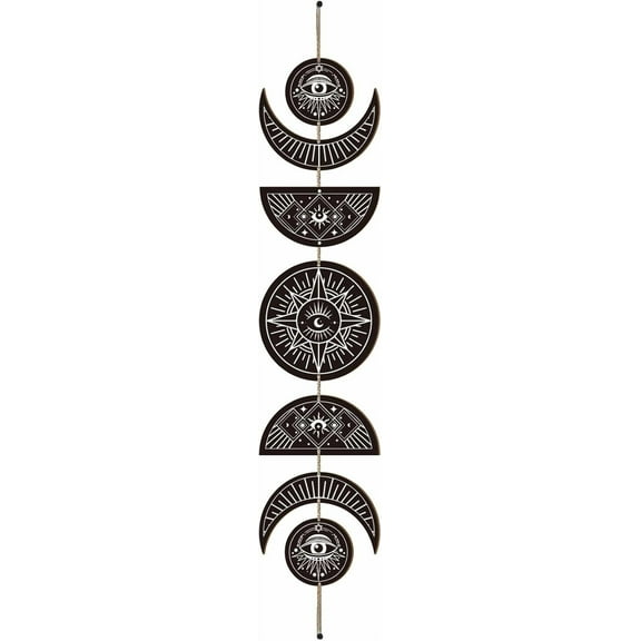 7pcs Moon Phase Wall Hanging Boho Decor Wooden Wall Art Witchy Decor Rustic Black Wood Sign Decorative Modern Art Wall Spiritual for Bedroom Apartment Bar Living Room 6.3 x 37.1 Inch(Eye)