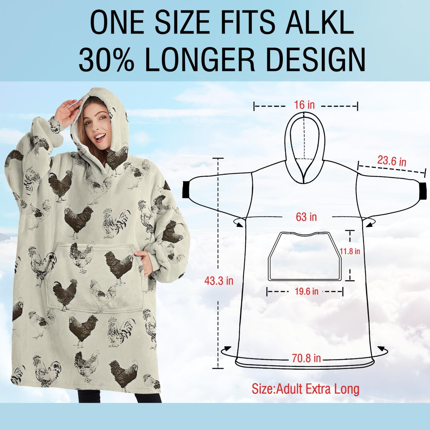 Oversized Wearable Blanket Hoodie,Beige Chicken Sketch Pattern Sherpa Blanket Hoodie with Super Pockets,Super Warm Fuzzy Pullover for Women & Men