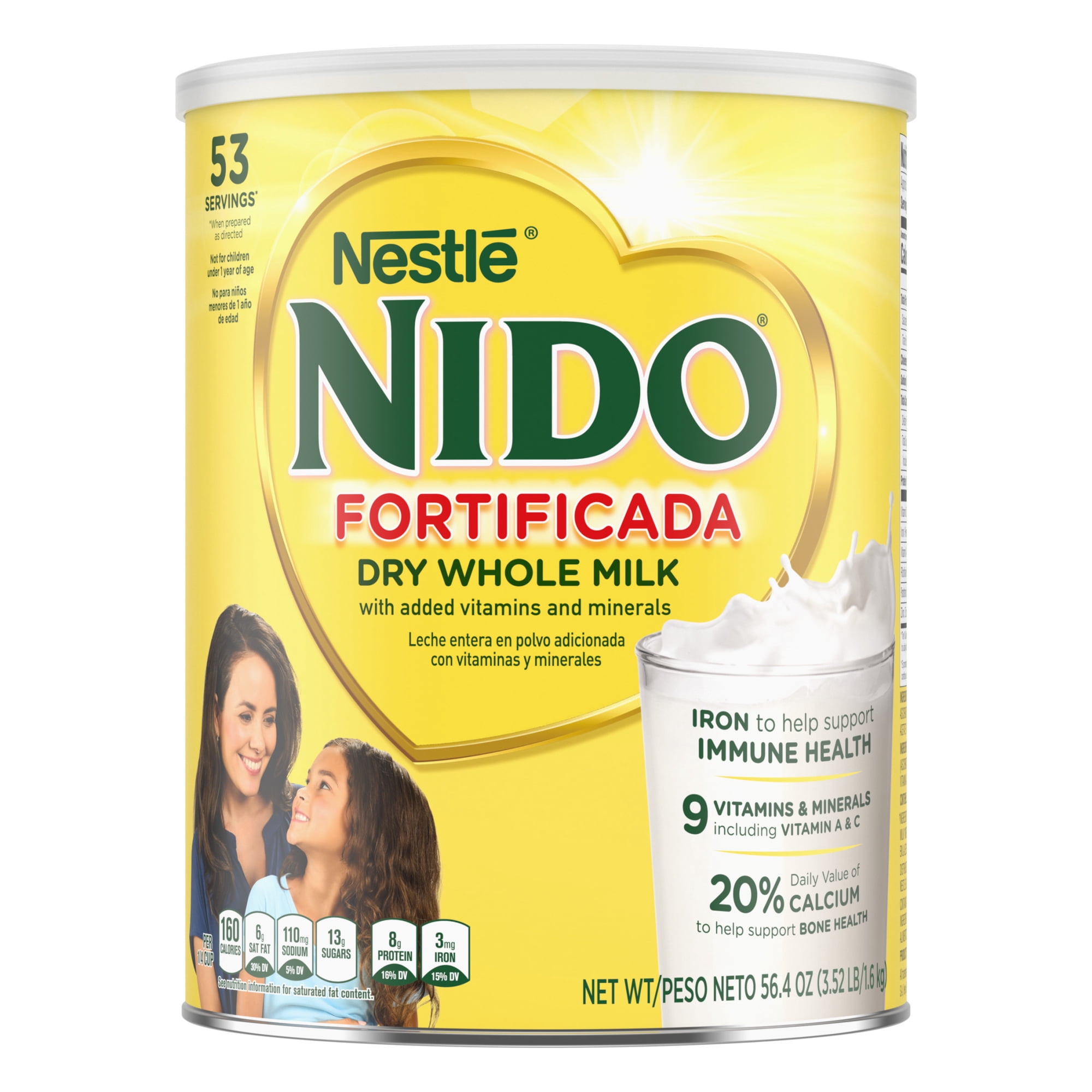 NIDO Fortificada Dry Whole Milk Powder with Vitamins A, C, D, Iron & Calcium, 56.4 oz Canister