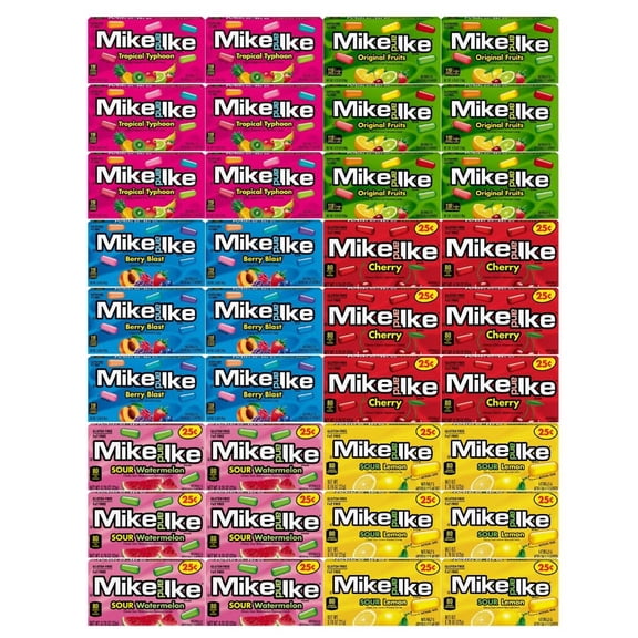Candy Assorted Flavor Mike and Ike, 6 Flavor - Tropical Typhoon, Berry Blast, Cherry, Sour Watermelon, Sour Lemon, Original Fruits, 0.78 Oz, 6 Each Flavor, 36 Pack - Perfect for  Snacking