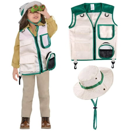 Safari Costume Cargo Vest and Hat for Kids, Outdoor Explorer Kits and Role Play for Park Ranger, Paleontologist, Zookeeper, Jane Goodall Costume,Great Backyard Safari Gift for Adventure