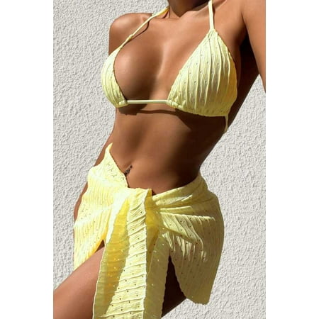 Hollow Out Bikini Cover Up 3pcs Set (M  HazelnutBeige)