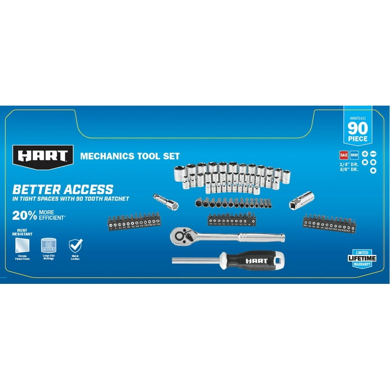 HART 90-Piece 3/8-inch Mechanics Tool Set, Chrome Finish - Walmart.com 