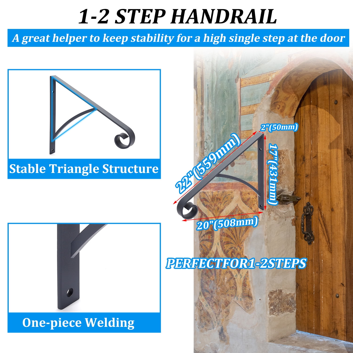 Kojem Steps Handrail Grab Bar, Wall Mounted Hand Railings, for Stairs Outdoor Garage Porch Rail, Safety Metal Art
