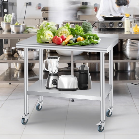 Gaderth Kitchen Prep Table, Prep Table With Storage, Heavy Duty Stainless Steel Kitchen Work Table With Backsplash And 4 Caster Wheels, Kitchen Utility Table, Metal Prep Table For Restaurant, Home