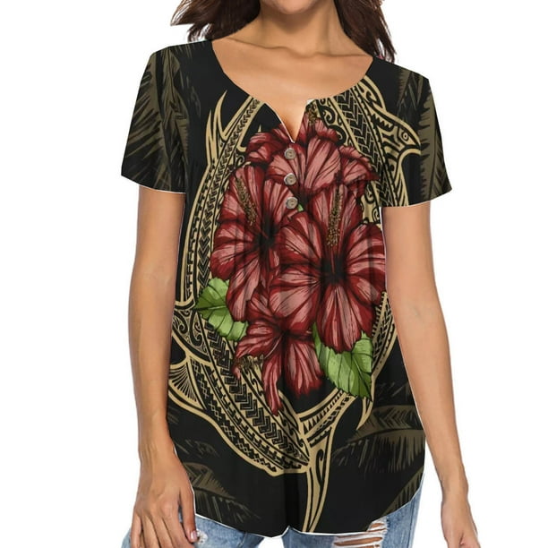 Blusa informal con estampado de botones y cuello en V de manga corta a la moda para mujer Pompotops qwe23170