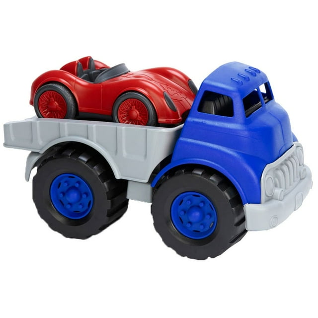 Camión de cama plana de juguete con coche de carreras, juguetes verdes azul/gris y rojo