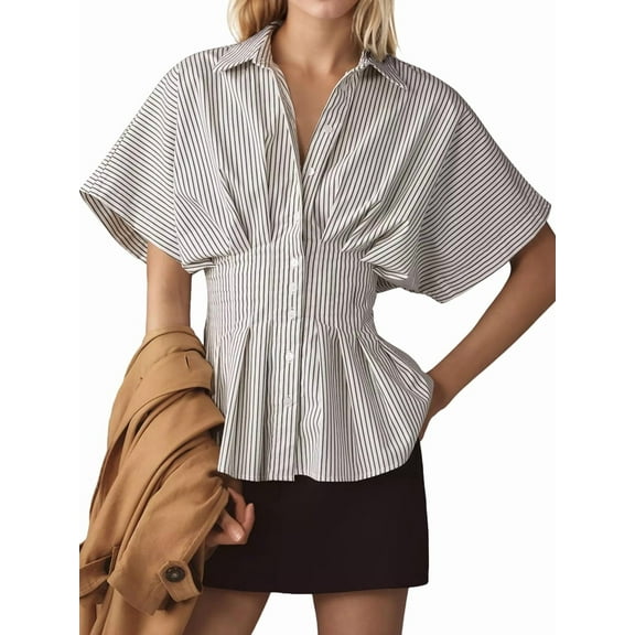 Striped Button Down Shirts for Women Short Sleeve Pleated Corset Blouse Casual Summer Coffee Stripes M