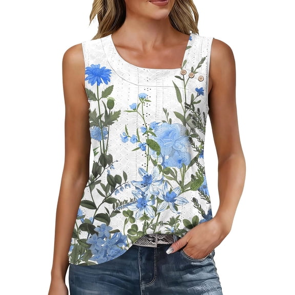 Fewfanhot Women's Floral Print Eyelet Tank Tops, Casual Sleeveless Square Neck Button Detail Blouses, Summer Loose Fit Flowy Tunic Daily Shirts, S-3XL