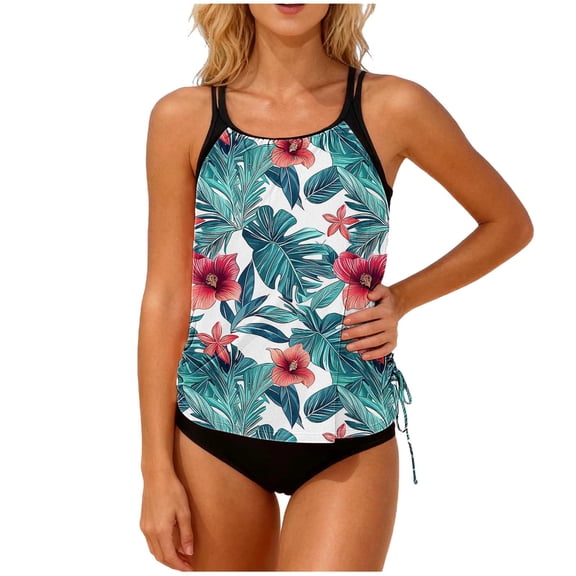 CLOISE Womens Swimsuits Tankini Sets 2 Piece with Shorts Built in Bra Full Coverage Racerback Swimwear Adjustable Side Straps Flowers Beachwear