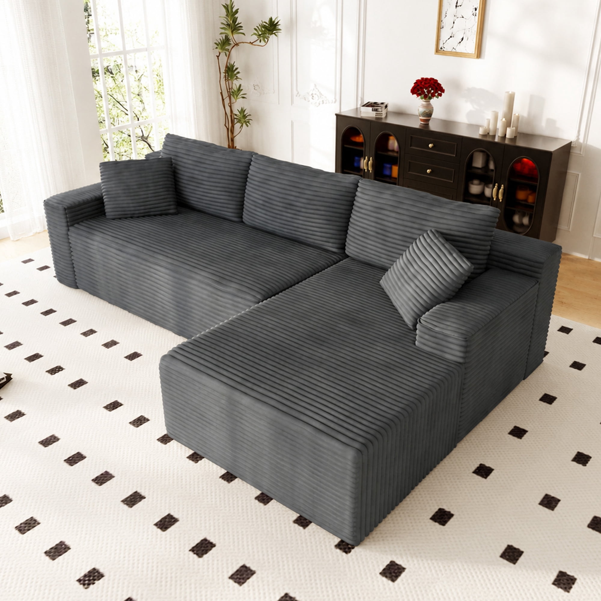 Lunale 105" Modular L-Shaped Sectional Sofa, Boneless Cloud Couch, No Assembly Required, Modern Deep Seat Corduroy Sofa for Living Room, Dark Gray (Right Facing Chaise)
