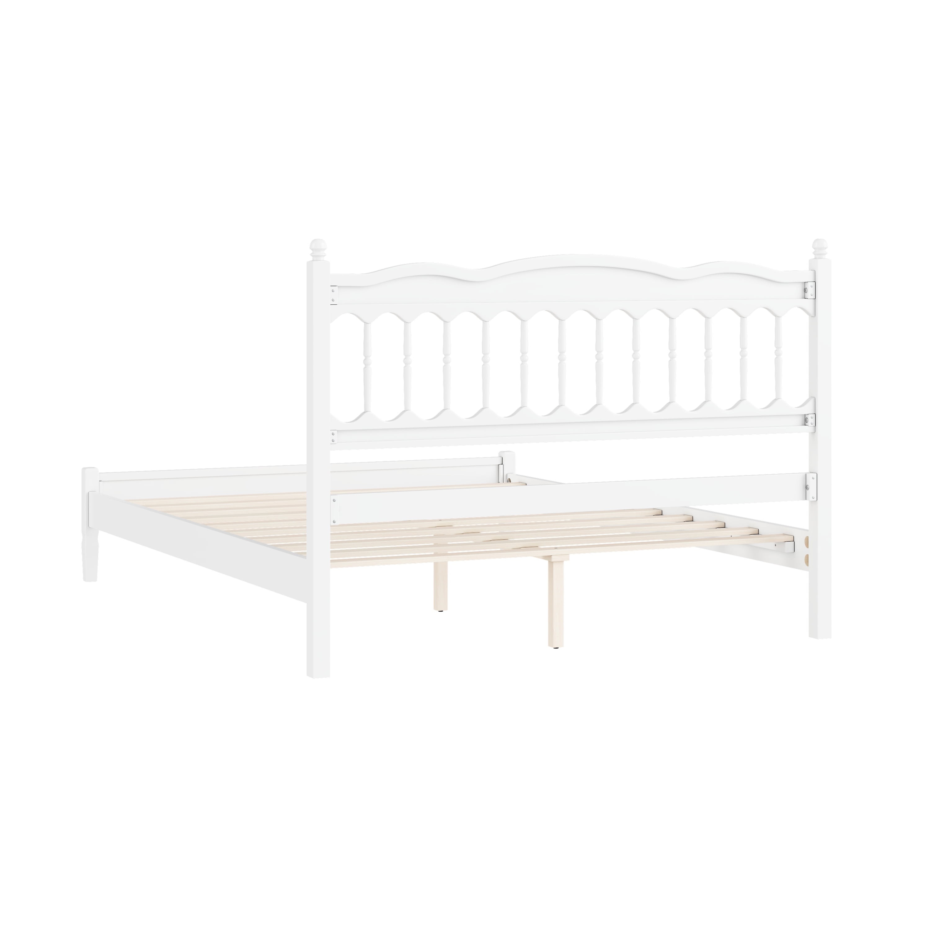 Mintazer Farmhouse Queen Platform Bed with Spindle Headboard, Vintage Arched Slat Platform Bed Frame for Bedroom, No Box Spring Required, White